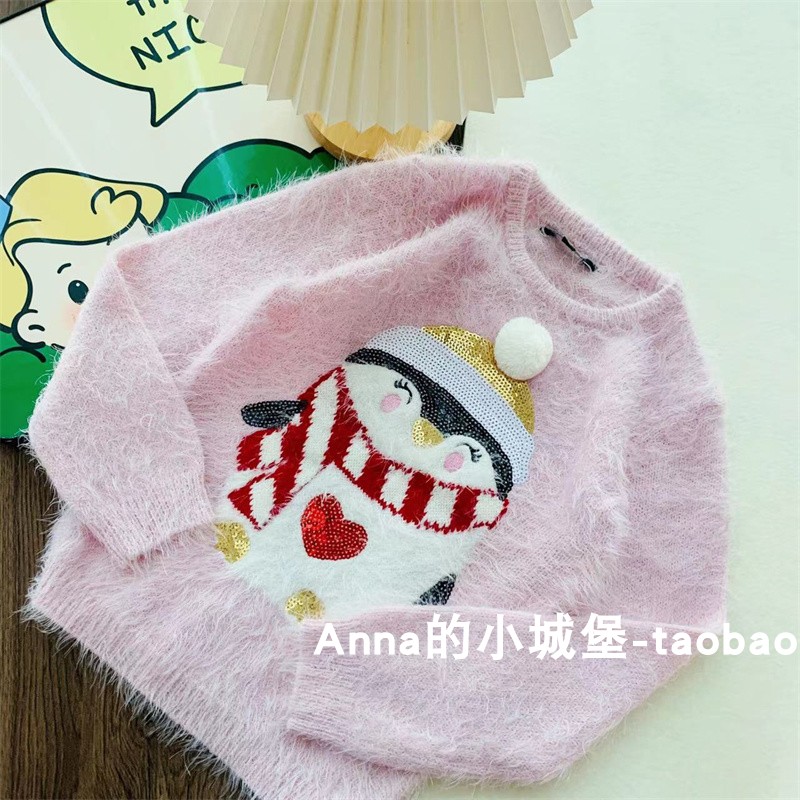 外贸童装女童秋冬可爱企鹅亮片毛衣儿童羽毛纱圣诞卡通针织衫上衣