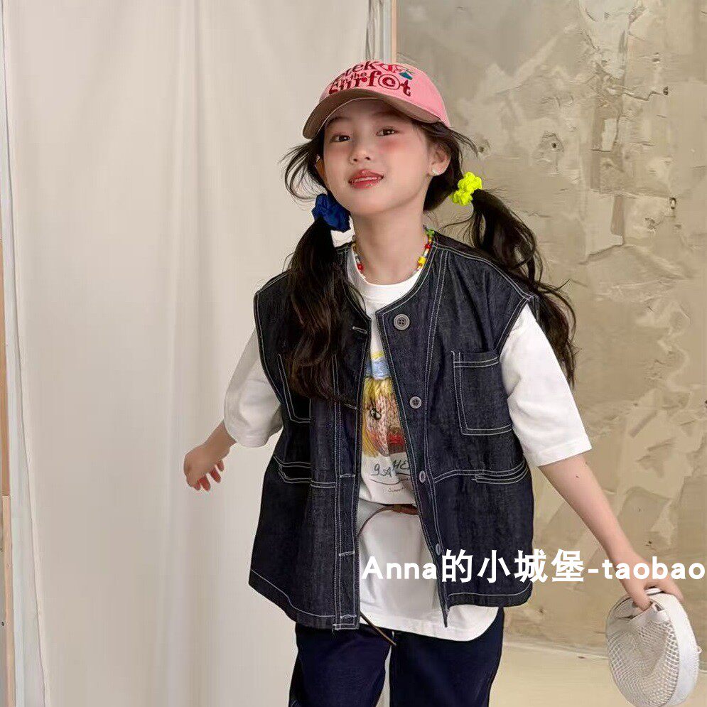 女童牛仔开衫马甲背心2026春款复古色宽松百搭外套纯棉上衣韩版图片