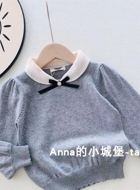 女童棉线套头针织衫26秋冬韩版洋气娃娃领小香风miu系蝴蝶结毛衣