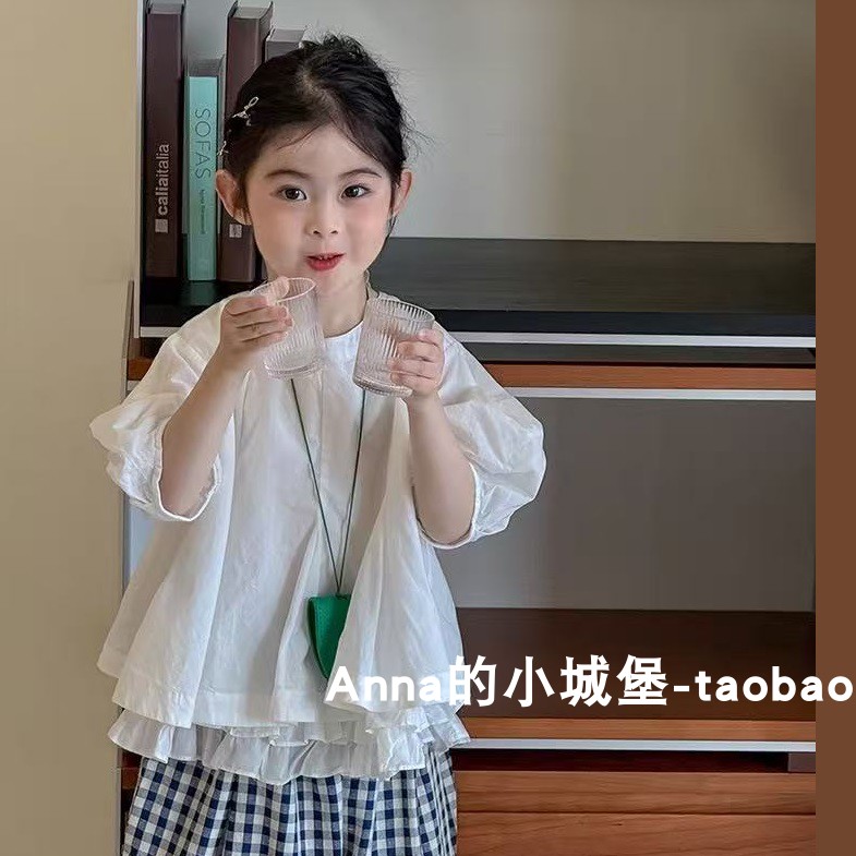 夏款女童纯棉短袖白衬衫韩系甜美森系儿童可爱娃娃衫格子裤萝卜裤