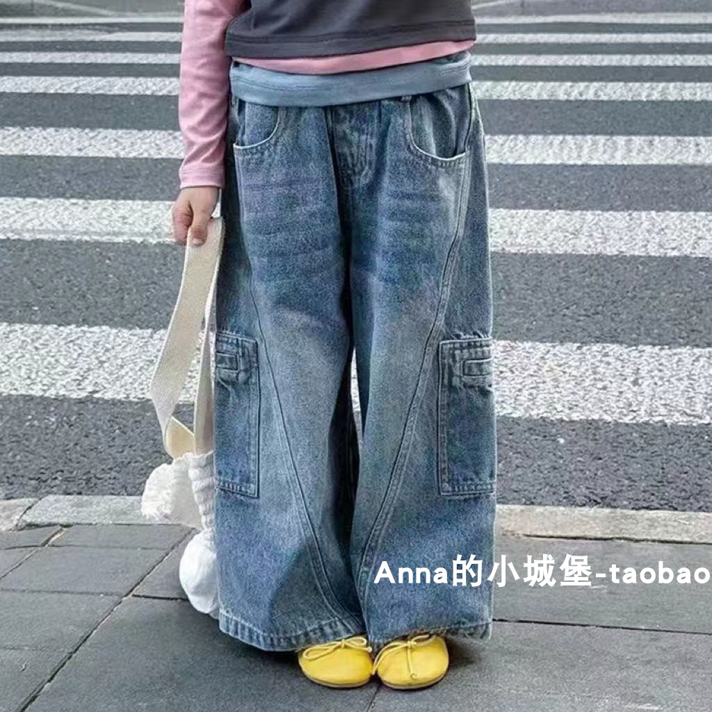 儿童牛仔裤工装裤秋季韩版宽松设计感直筒牛仔长男女童百搭裤子潮