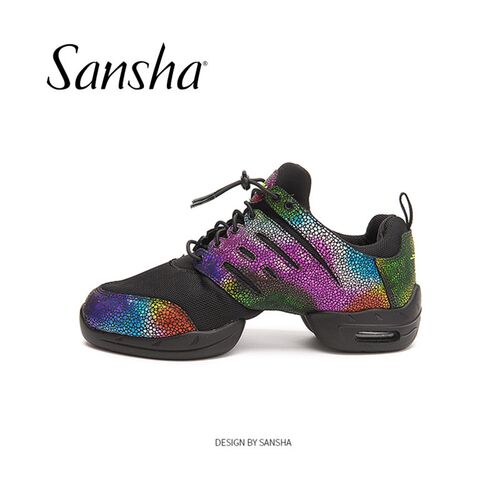 Sansha/三沙防滑网布现代舞鞋彩色牛皮拼接 女广场舞鞋气垫P51LS