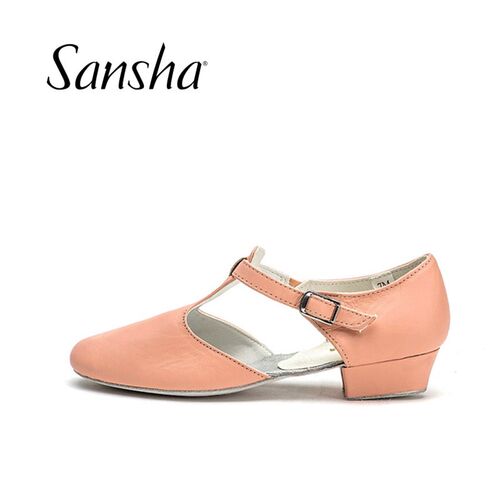 Sansha/三沙国标舞教师鞋女练功鞋带跟真皮舞蹈鞋软底考级鞋