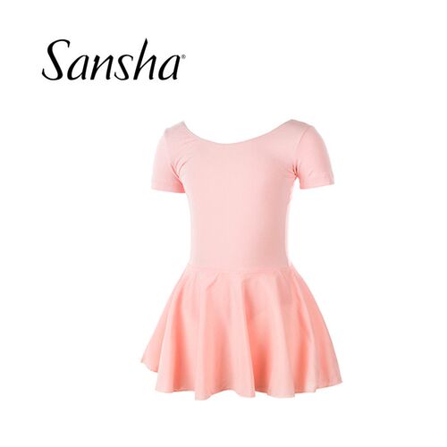 Sansha/三沙芭蕾舞儿童短裙连体服 短袖练功服 开裆演出服装Y3554
