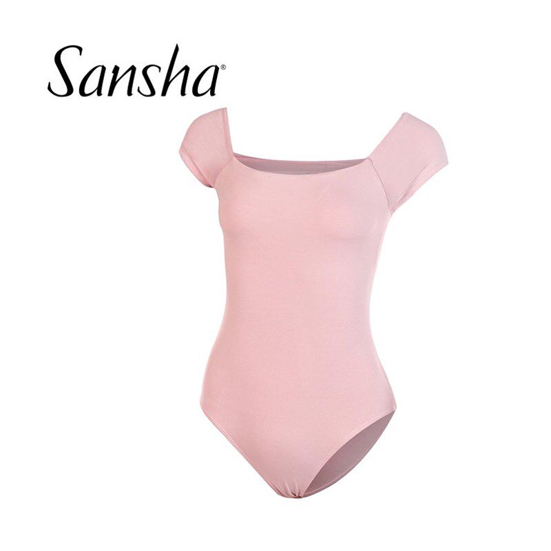 Sansha/三沙芭蕾舞服女 舞蹈练功服高弹力短袖一字领连体服成人
