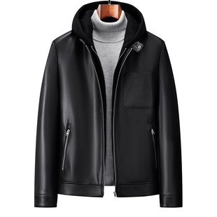 海宁真皮皮衣男连帽黑色短款中青年夹克秋冬季休闲百搭高端外套潮