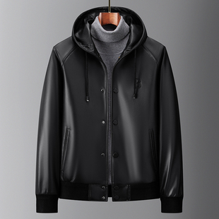 海宁真皮连帽皮衣男黑色机车风中青年短款夹克时尚休闲单排扣外套