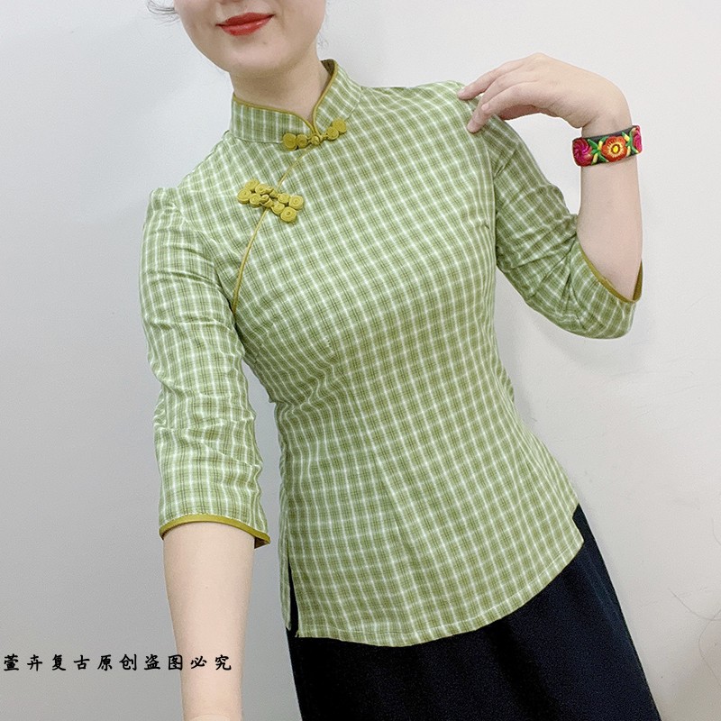萱卉中国风改良修身显瘦中袖上衣