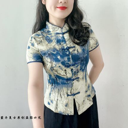 萱卉中国风立领短袖盘扣上衣女修身印花民国风茶艺服气质百搭