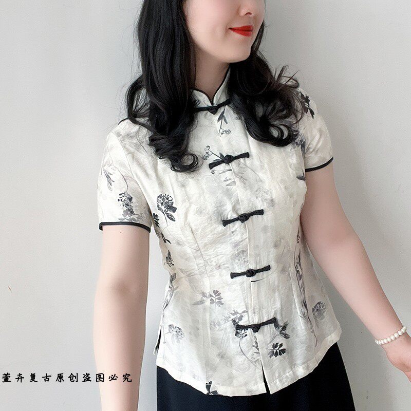萱卉原创女装2025夏季新款复古盘扣民国风茶艺服装女立领唐装上衣