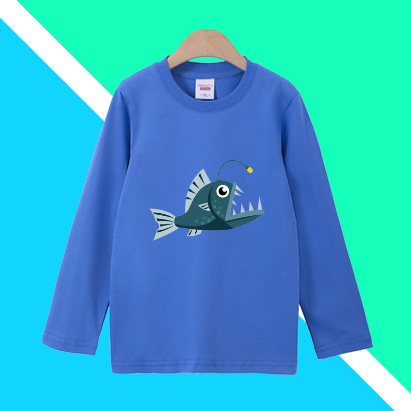 儿童装纯棉纯棉大海洋世界ocean头尾灯鱼灯笼鱼女长袖T恤衣服秋季