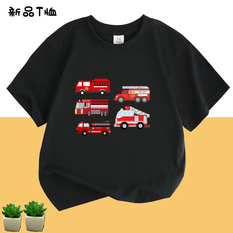新款卡通消防车百搭时尚纯棉男女孩小中儿童夏季上衣宽松圆领短袖