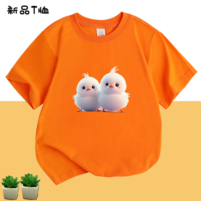 小鸡卡通纯棉黄色短袖夏季亲子装学生活动衣服儿童装动物休闲T恤