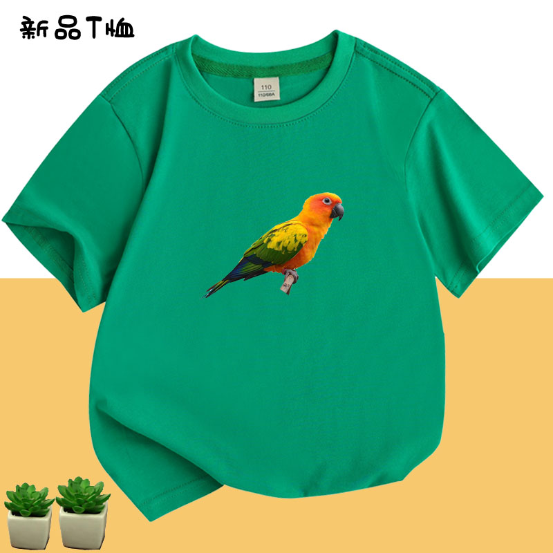 纯棉卡通可爱飞鸟类虎皮鹦鹉蓝色短袖T恤成人衣服儿童装个性定制