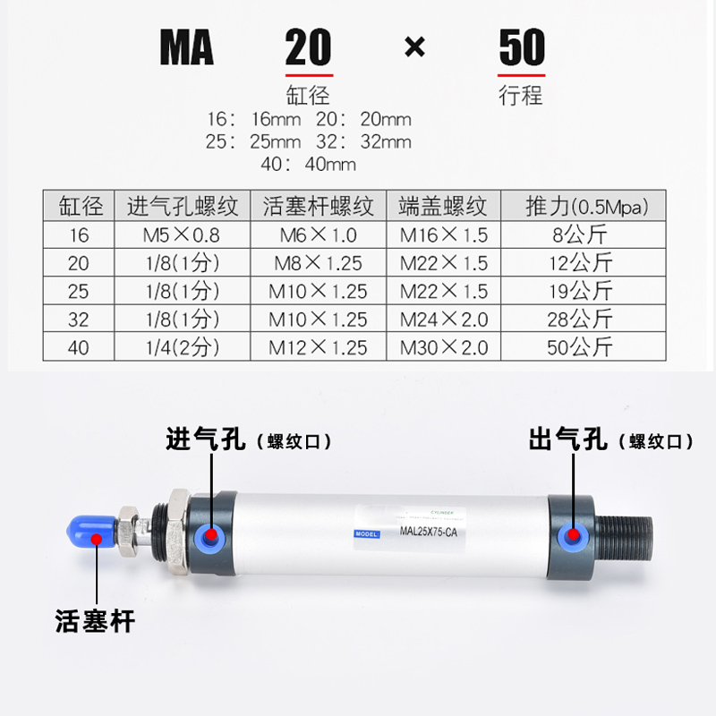 迷你mal汽气缸微小型行程气动大全大推力推杆伸缩杆气压圆形撑杆