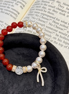 25新款天然红玛瑙拼施家珍珠冰爆白水晶满钻丝带手链女精致手串