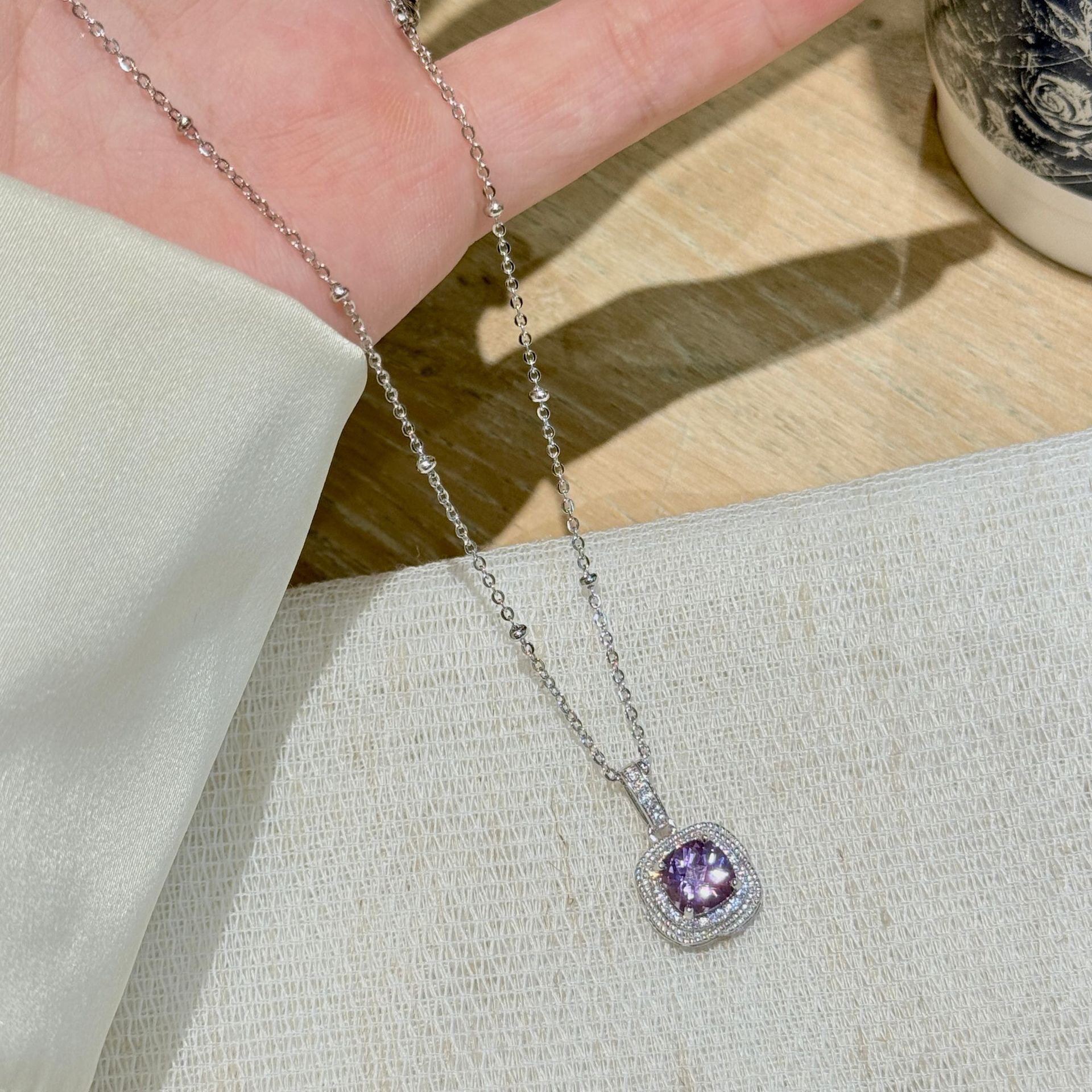 26新款s925银天然紫水晶方形吊坠满钻项链女高级感小众锁骨链百搭