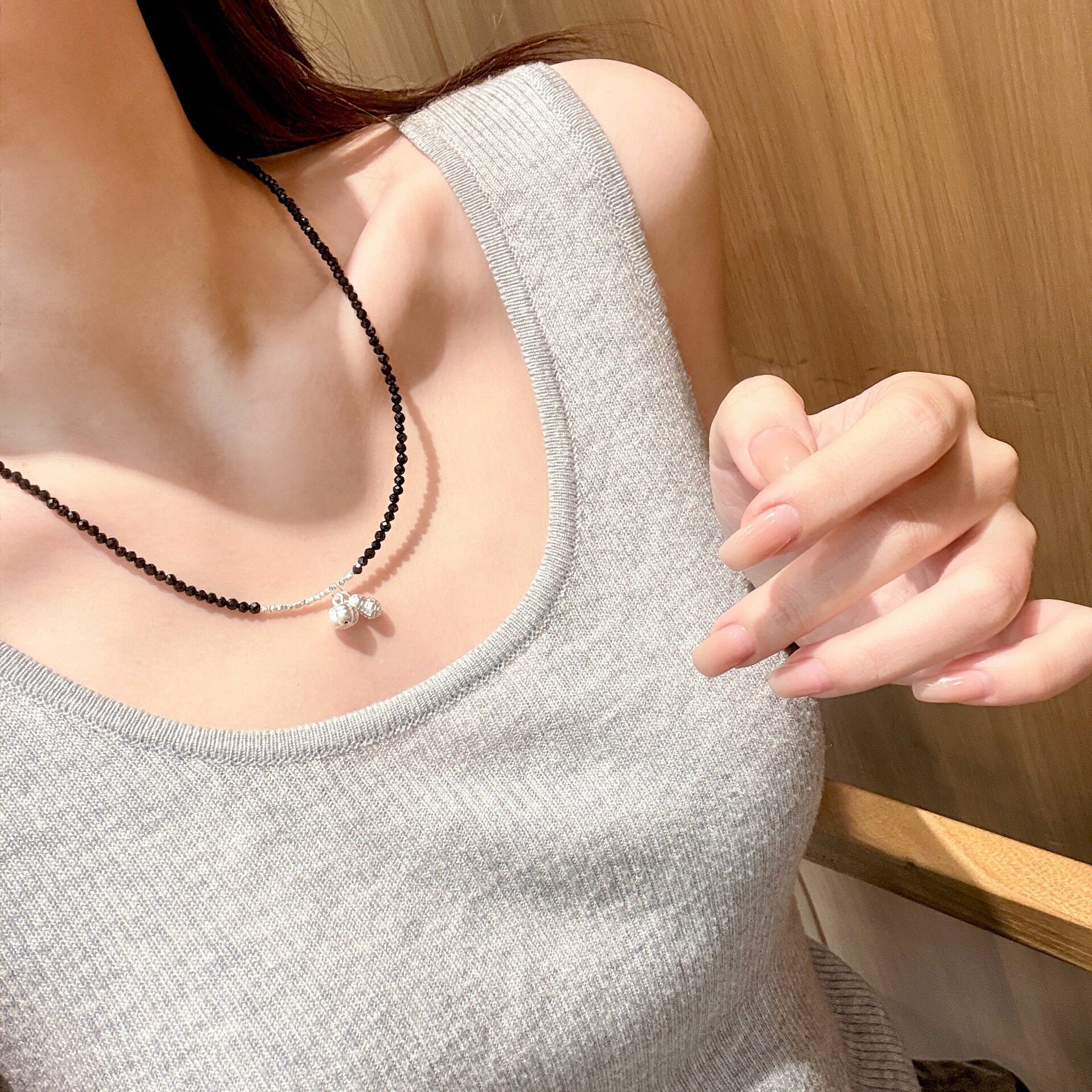 2026新款s925纯银碎银子刻面天然黑玛瑙足银好柿花生项链女锁骨链
