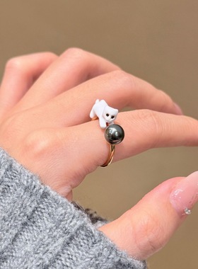2026新款大溪地施家珍珠嬉闹小猫戒指女童趣风可爱小众开口指环