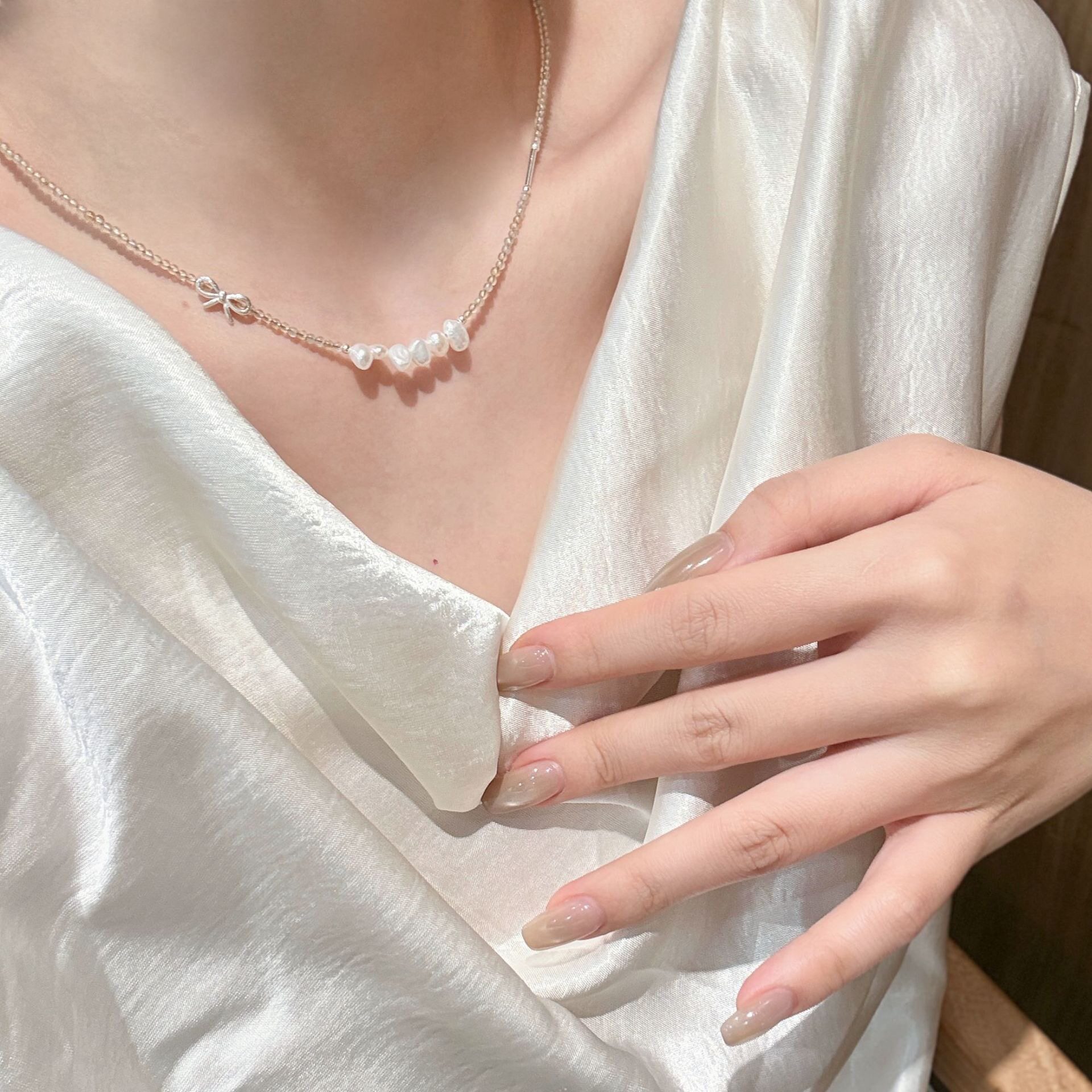 s925纯银蝴蝶结mini天然黄水晶淡水珍珠项链女简约小众百搭锁骨链