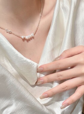 s925纯银蝴蝶结mini天然黄水晶淡水珍珠项链女简约小众百搭锁骨链