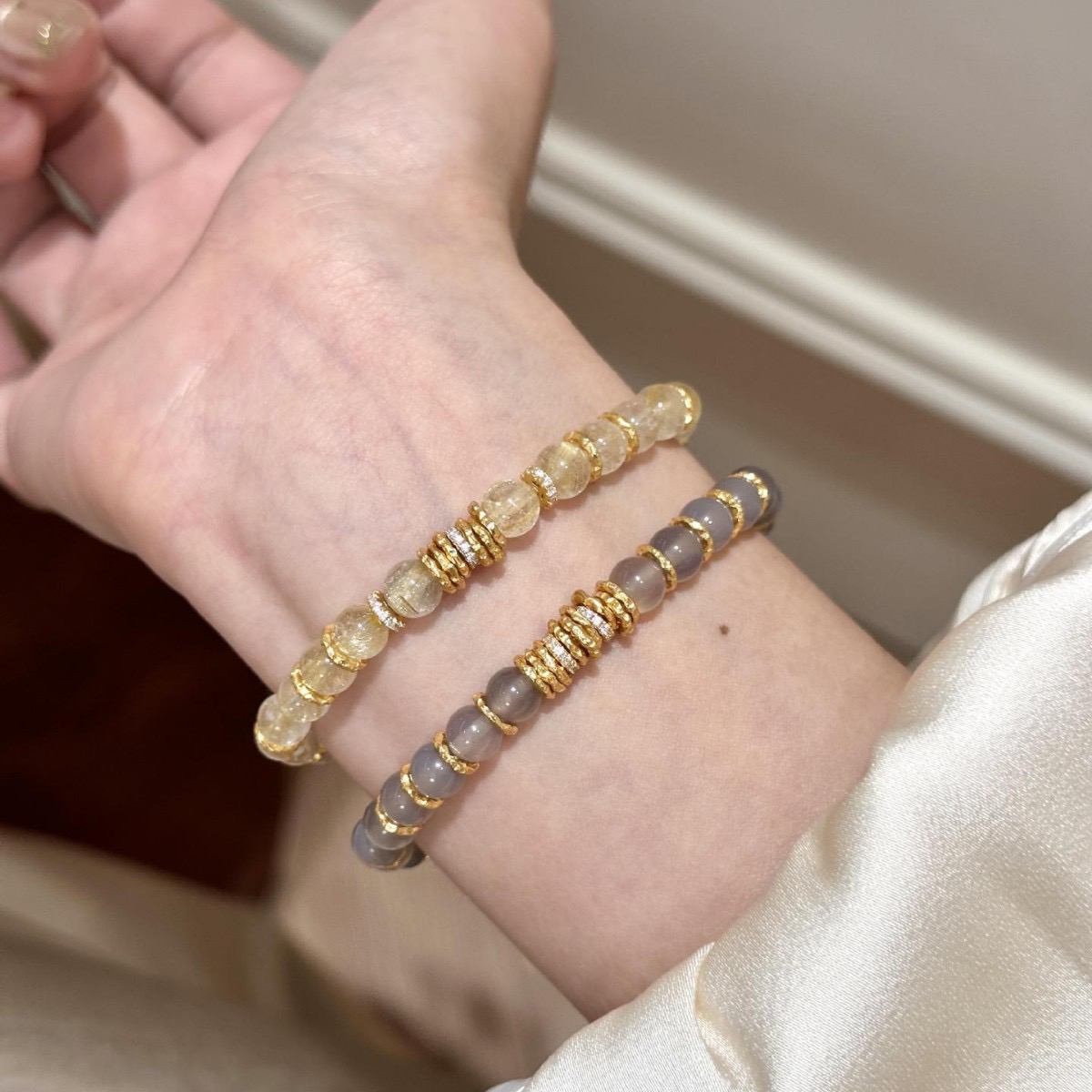 天然灰玛瑙手串小众算盘盘缠手链金发晶招财水晶手饰