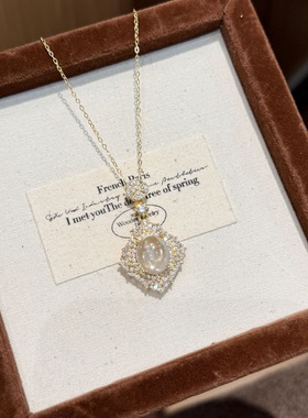 25新款925纯银蛋面天然白水晶吊坠满钻非洲之心项链女气质锁骨链