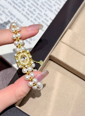 25新款s925银施家珍珠双层交织满钻宝盒手链女小众高级法式风手饰