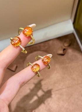 25新款椭圆天然琥珀四爪金色闪钻开口戒指女简约休闲百搭小众指环