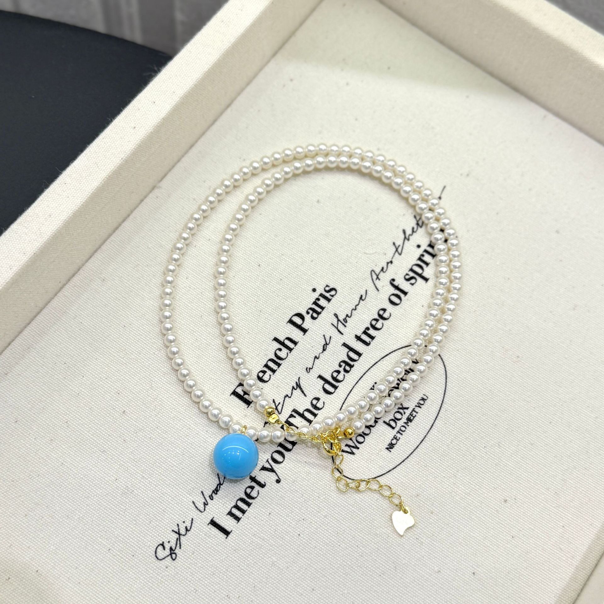 25新款天然绿松石吊坠施家珍珠蓝气球银项链女个性气质锁骨链