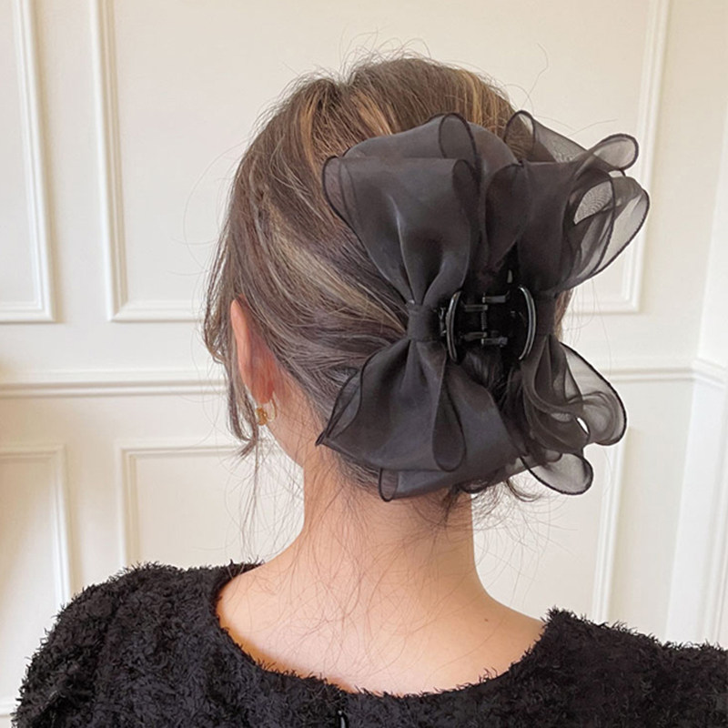 韩国进口超大号发量多绸纱蝴蝶结抓夹后脑勺鲨鱼夹盘发发饰发抓