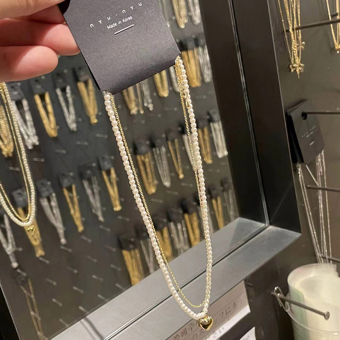 合金爱心心形项链双层珍珠锁骨链