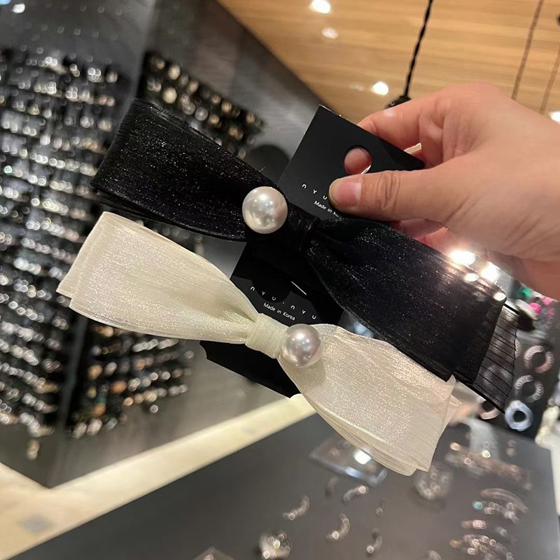 绸纱大号蝴蝶结珍珠发夹法式顶夹