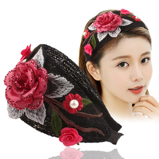 韩版宽边发带带齿发箍防滑简约遮白发发圈时尚发饰刺绣玫瑰花发卡