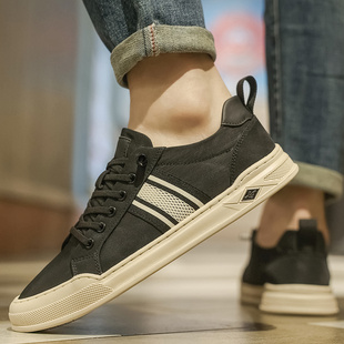 帆布鞋男款夏季透气百搭休闲低帮板鞋男士一脚蹬运动软底黑色布鞋