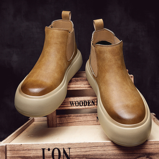 秋冬鞋子男鞋中帮马丁靴男士一脚蹬切尔西靴男款英伦厚底增高皮鞋