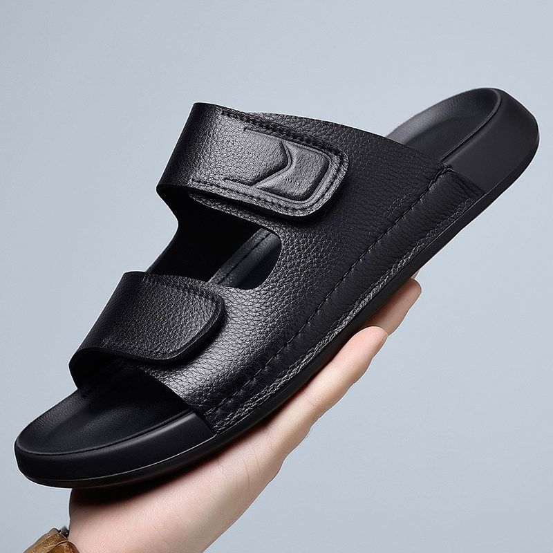 2026新款头层牛皮勃肯拖男夏季防滑一字拖黑色休闲时尚外穿凉拖鞋
