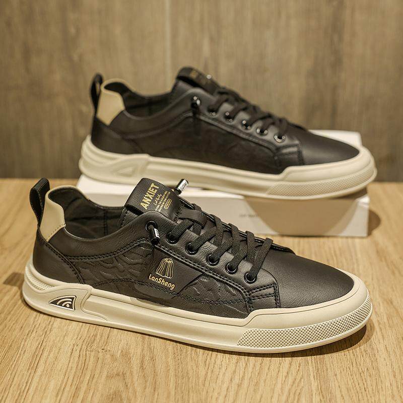 欧洲站男鞋秋冬款高级感痞帅板鞋一脚蹬免系鞋带白底黑面休闲皮鞋