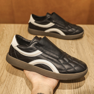 无鞋带男鞋黑色德训鞋一脚蹬懒人鞋牛筋底耐磨软舒适防滑休闲板鞋