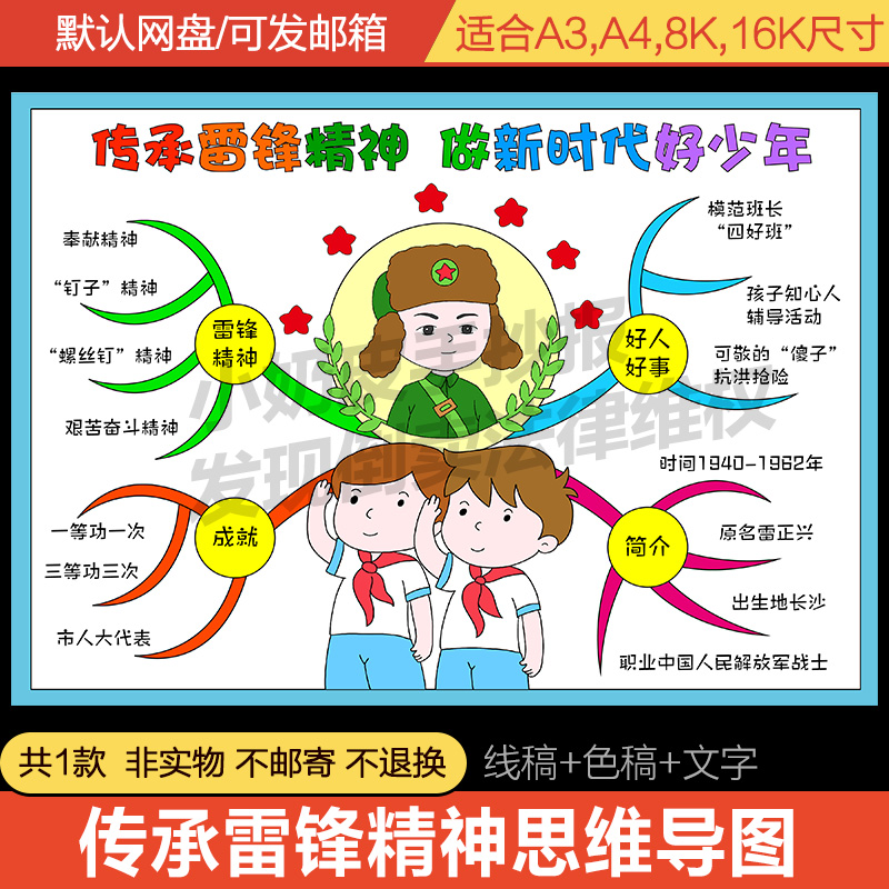 传承雷锋精神做新时代好少年思维导图模板半成品爱国精神线稿填色