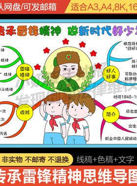 传承雷锋精神做新时代好少年思维导图模板半成品爱国精神线稿填色