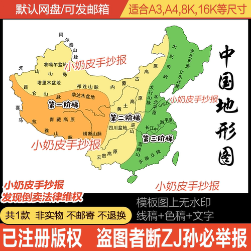 中国地形分布图手抄报黑白线稿初中地理知识小报电子版框架模板