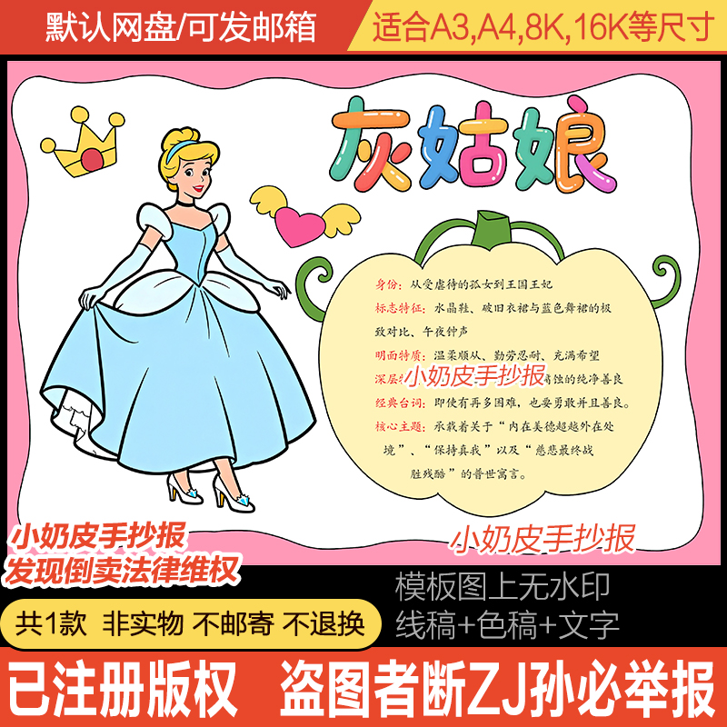 灰姑娘童话人物卡手抄报知识趣味卡格林童话人物小报黑线稿电子版