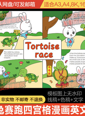 寓言故事龟兔赛跑英语英文版四宫格漫画连环画绘画模板电子版线稿