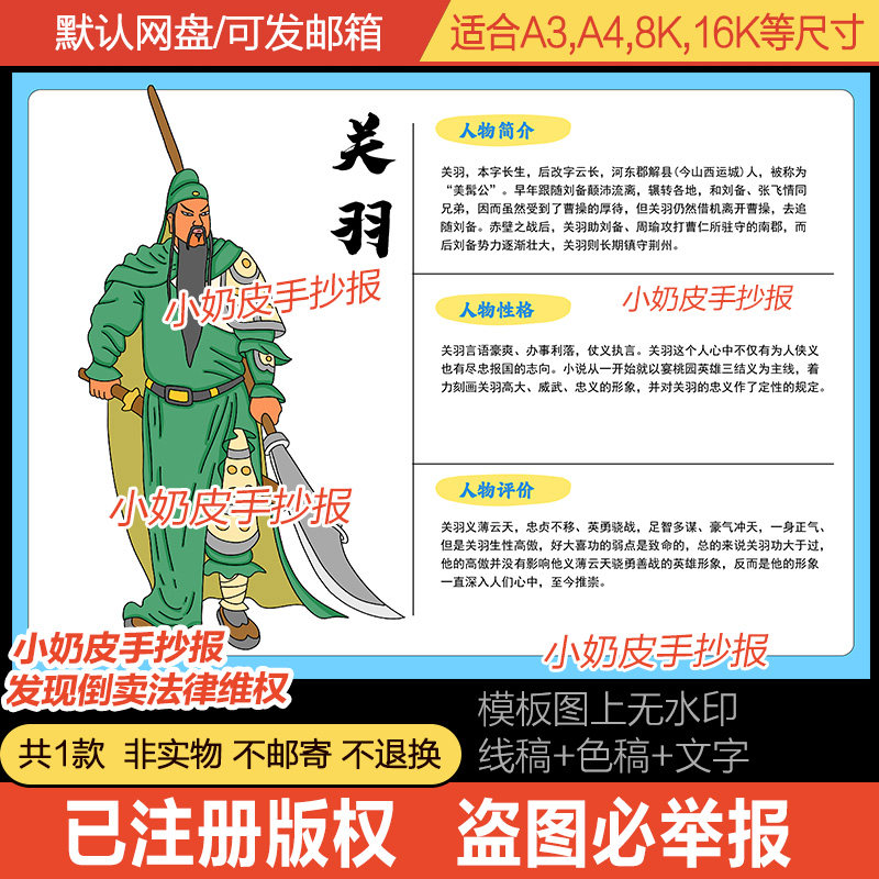 关羽人物卡手抄报电子版四大名著三国演义人物名片手卡黑白线描稿