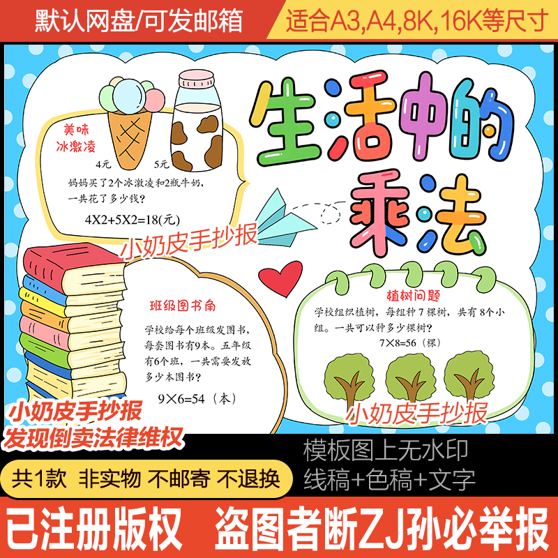 生活中的乘法手抄报数学小报电子版模版黑白线稿轮廓半成品素材