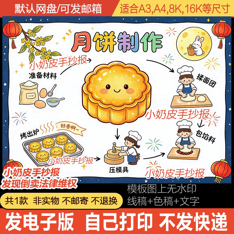 做月饼制作月饼流程图中秋节美食制作过程图电子版模板黑白线稿 - 实物图
