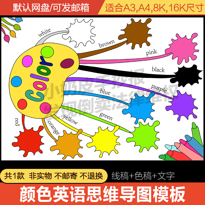 三年级上color颜色英语英文思维导图手抄报模板电子小报线稿涂色