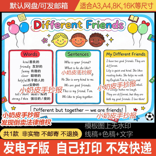 英语Different friends手抄报五年级不同的朋友英文小报模板电子