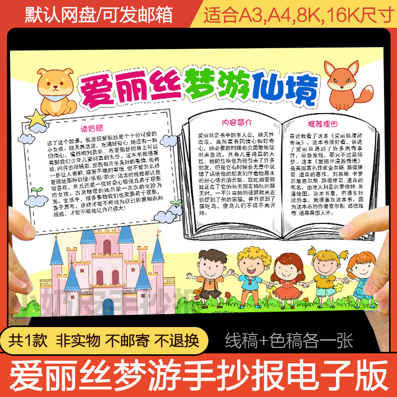 读书笔记手抄报爱丽丝漫梦仙境漫游小报模版半成品电子稿a3a48K